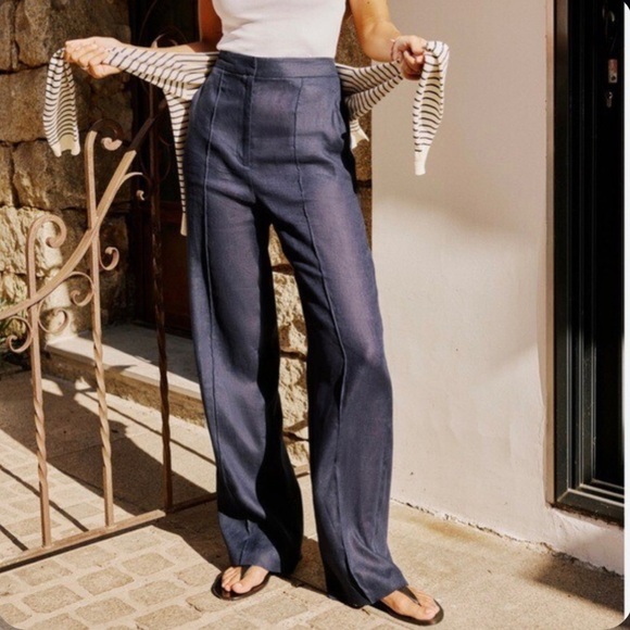 Zara Pants - ZARA 100% linen masculine style Navy trousers pants relaxed fit wide leg Small